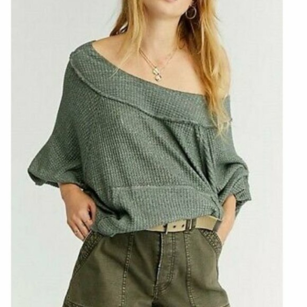 We The Free Westend Green Thermal Waffle‎ Knit Slouchy Top Size Small